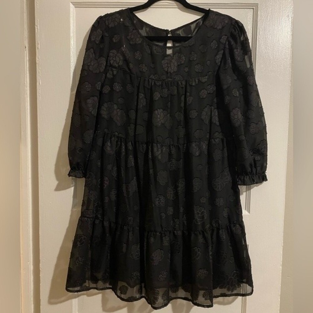 Speechless Black Sheer Floral Pattern Puff Long Sleeve Midi Layered Flare Dress